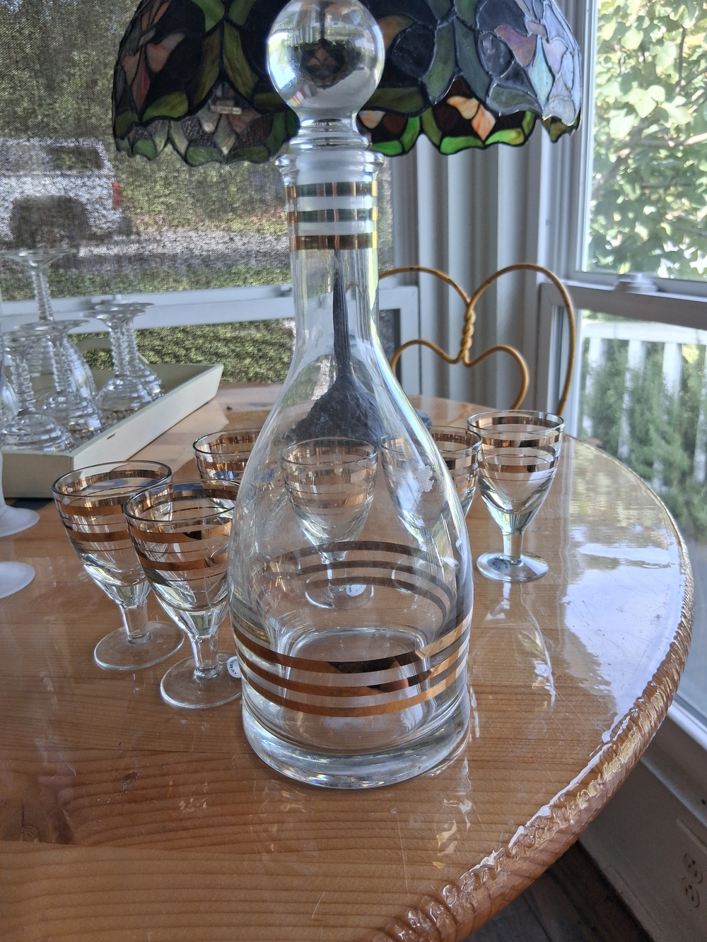 Gold-Trim Clear Glass Decanter and 6 Glasses Set